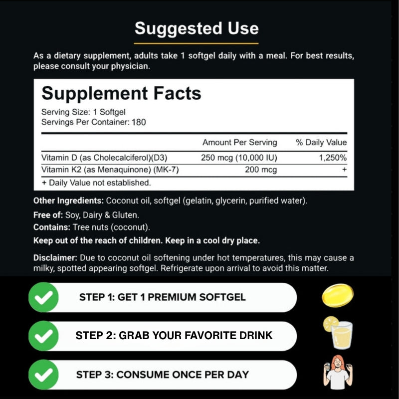 Ultra-Absorbable Vitamin D3 + K2 | 10,000 IU + 200 mcg